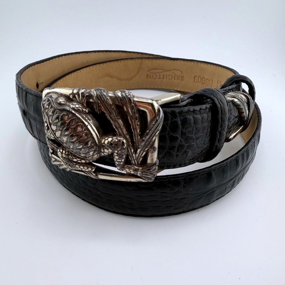 Brighton Men Black Crocodile Embossed Leather Belt Silver Frog Buckle Size L 32